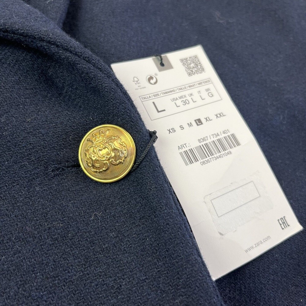 Zara Coat Wool Blend Long Dark Navy Blue One Gold Button Lined Womens L 8367/734 - Picture 5 of 12